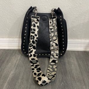 Ahdorned Black Vegan Leather Messenger Bag with Silver Studs and Leopard Strap